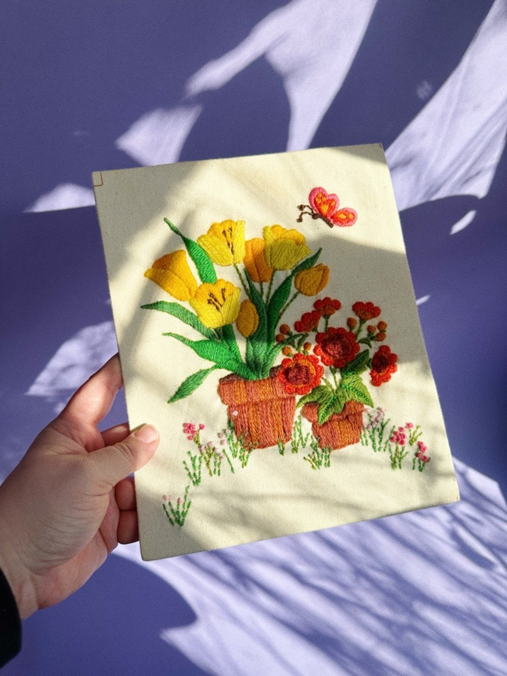 Embroidered Frameless Floral Crewel Artwork | Yellow & Red Flower Pots